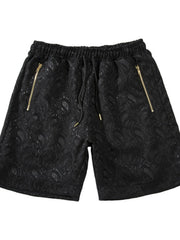 Black paisley jacquard shorts with zip pockets and drawstring waist