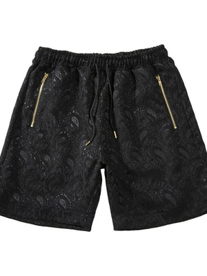 Black paisley jacquard shorts with zip pockets and drawstring waist