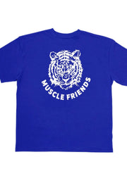 Royal blue oversized tee with white tiger graphic and text