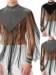 Embellished collar fringe overlay top in black and gray with chain detail and sheer sleeves.