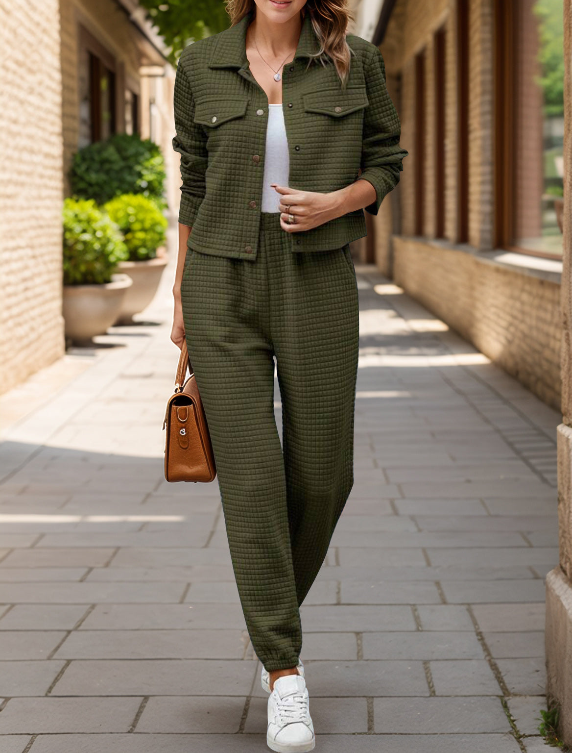 Army green quilted co-ord jacket and joggers set with button front and elastic waist joggers.