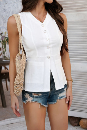 White linen vest with V-neck, button front, and patch pockets.