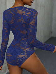 Royal blue lace bodysuit with long sleeves and a floral pattern.