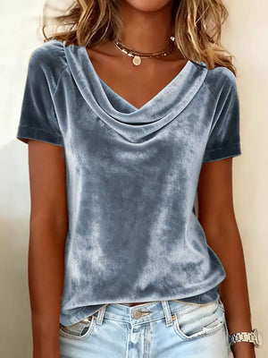Gray velvet cowl neck t-shirt with short sleeves and a relaxed fit.