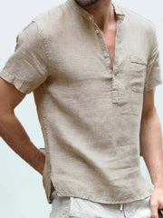 Linen henley shirt in Khaki with short sleeves, band collar, and chest pocket.