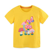 Yellow cotton crew neck t-shirt with a whimsical mushroom and butterfly graphic.