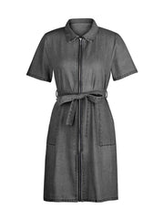Belted denim shirtdress in dark gray with short sleeves and zip front.