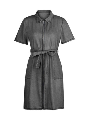 Belted denim shirtdress in dark gray with short sleeves and zip front.