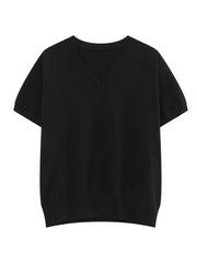 Black V-neck knit t-shirt for men with short sleeves and a refined neckline.