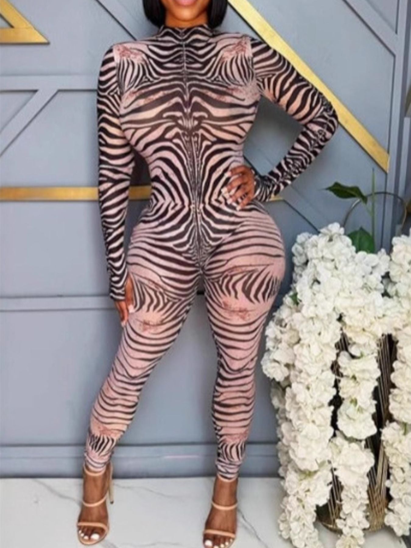 Print bodycon jumpsuit with mock neck and long sleeves in zebra pattern