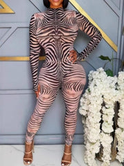 Print bodycon jumpsuit with mock neck and long sleeves in zebra pattern