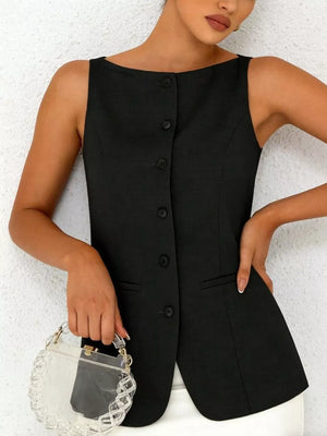 Black sleeveless button-down vest with boat neckline and buttoned front.