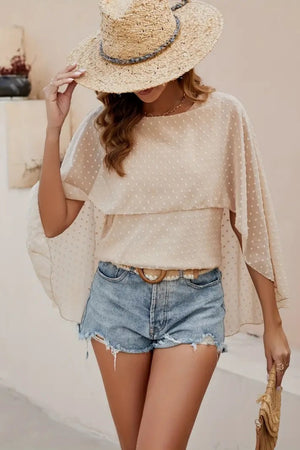 Dotted Swiss cape sleeve blouse in khaki with a layered bodice.
