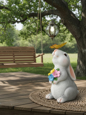 Easter bunny garden ornament with butterfly on nose, holding flowers.