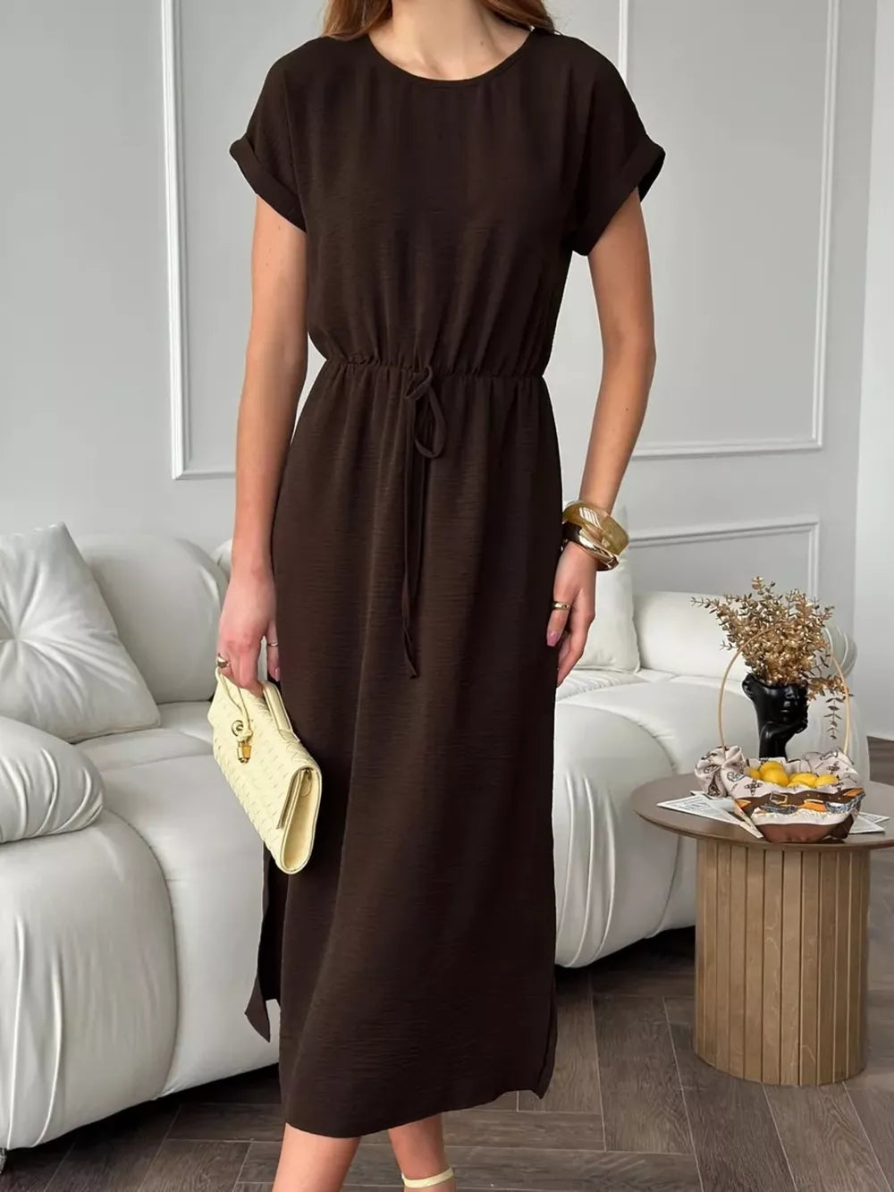 Casual Drawstring Waist Midi Dress in Deep Rose, view 11