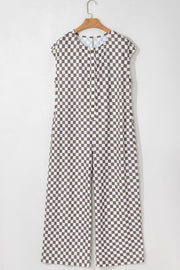 Checkered palazzo jumpsuit in mocha with cap sleeves and button front.