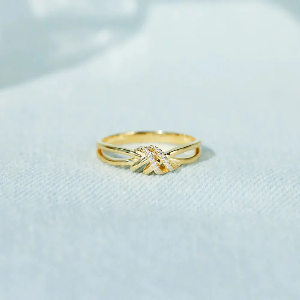 Gold knot ring with diamond accents, 18K gold-plated