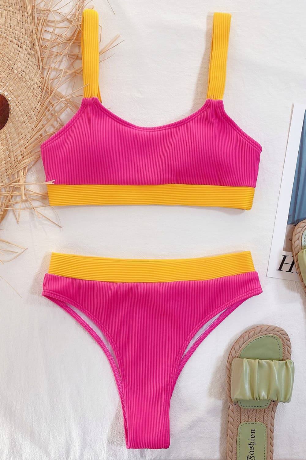 Ribbed hot pink bikini set with yellow trim and straps, high-waist bottoms