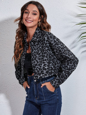 Leopard print boxy shirt jacket in black with button front and collar.