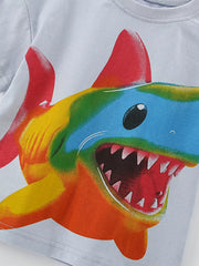 Boys' cotton blend t-shirt with a vibrant rainbow shark graphic print.