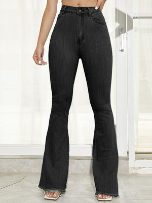 Black denim bootcut trousers with raw hem detail