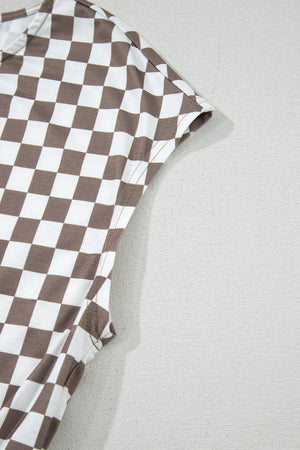 Checkered mocha palazzo jumpsuit with cap sleeves and buttoned detail.