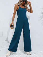 Deep Teal Tie-Strap Wide Leg Jumpsuit with pockets and a scoop neck.