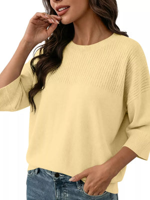 Elegant Crew Neck Eyelet Ribbed Sweater in Pink, model styling view