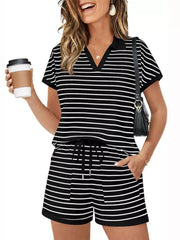 Black and white striped polo shirt and drawstring shorts loungewear set with pockets.
