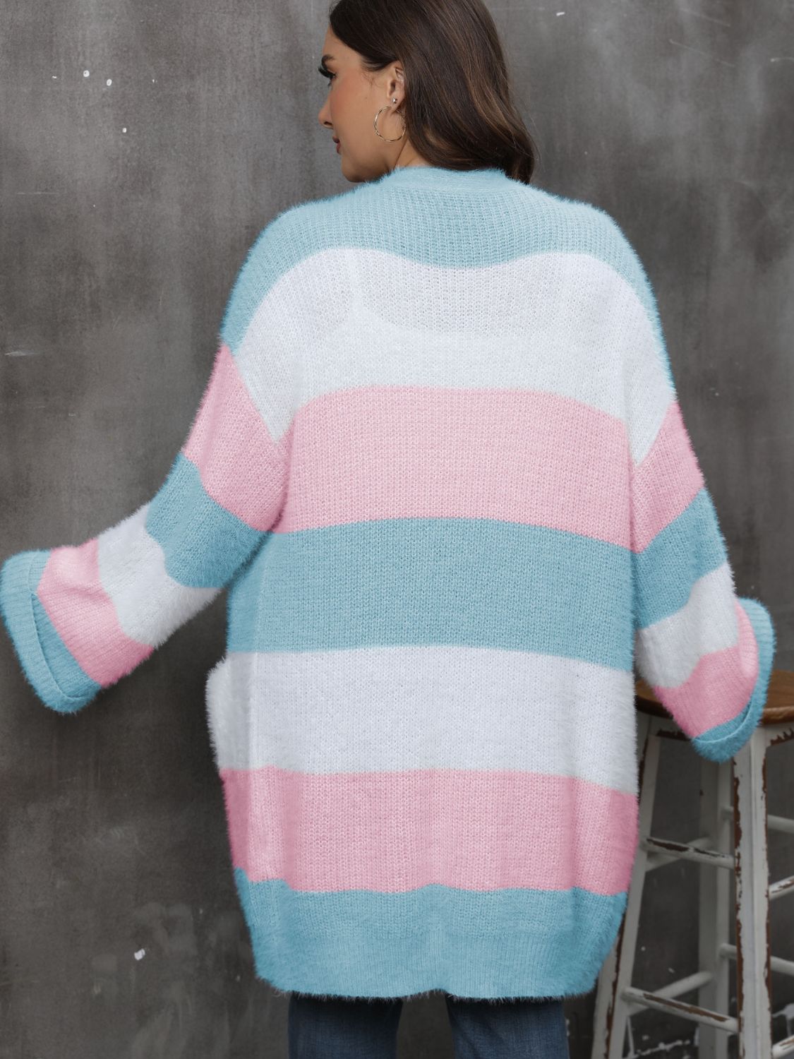 Chunky stripe open-front cocoon cardigan in pastel colors with pockets.