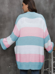 Chunky stripe open-front cocoon cardigan in pastel colors with pockets.