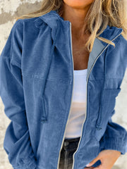 Dusty Blue corduroy relaxed fit zip-up hoodie with drawstring hood and pockets.