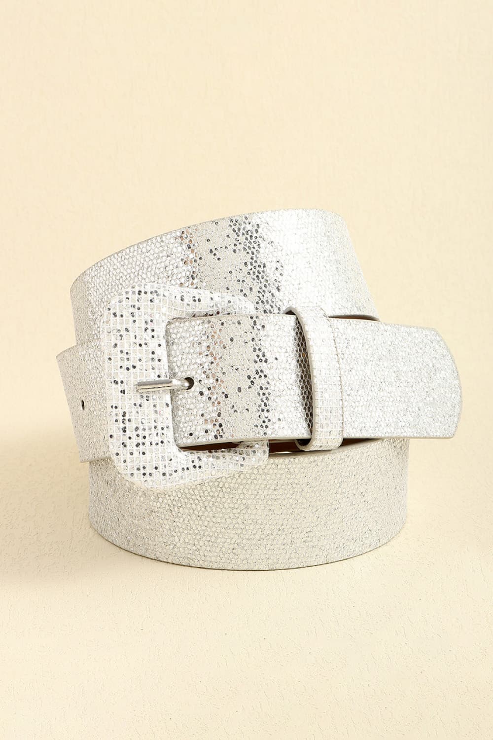 Silver glitter belt with square buckle and textured finish