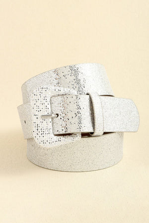 Silver glitter belt with square buckle and textured finish