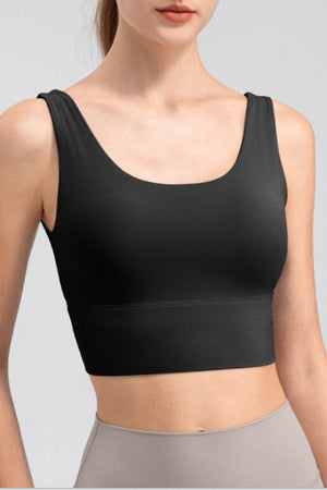 Black performance crop top with scoop neck and wide band