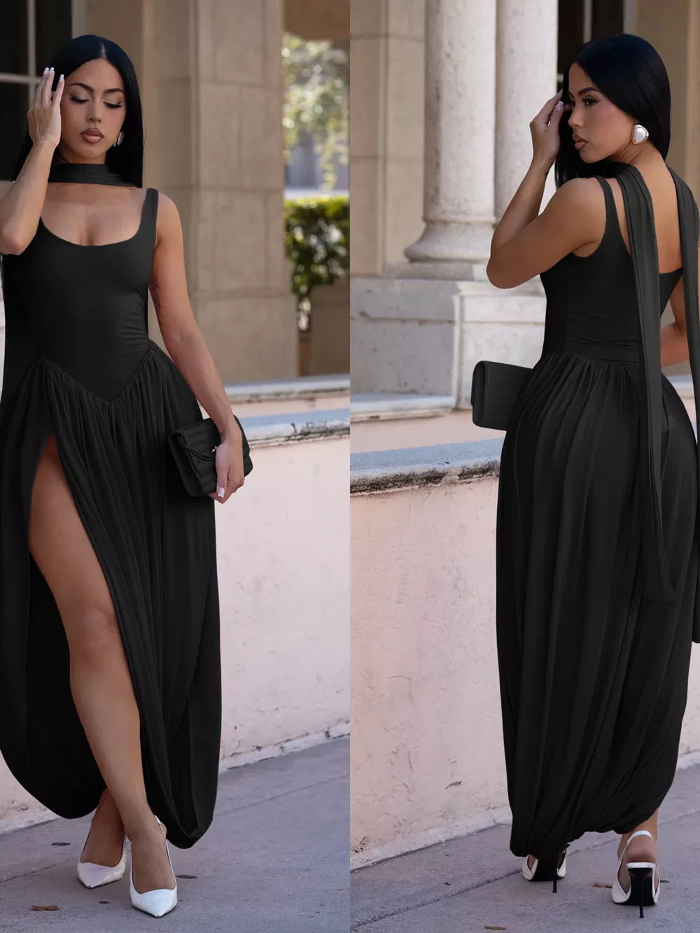 Black scoop neck maxi dress with high slit and draped skirt detail