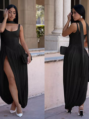 Black scoop neck maxi dress with high slit and draped skirt detail