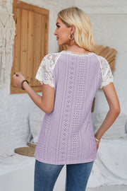 Lavender eyelet raglan blouse with white lace short sleeves and scalloped trim.