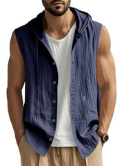 Navy blue casual hooded sleeveless men's shirt with button front and drawstring hood.