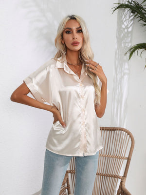 Champagne satin boxy sleeve button-down blouse with a relaxed fit.