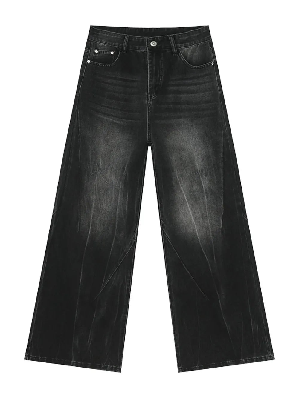Dark wash denim wide leg jeans with a distressed, faded look and a comfortable fit.