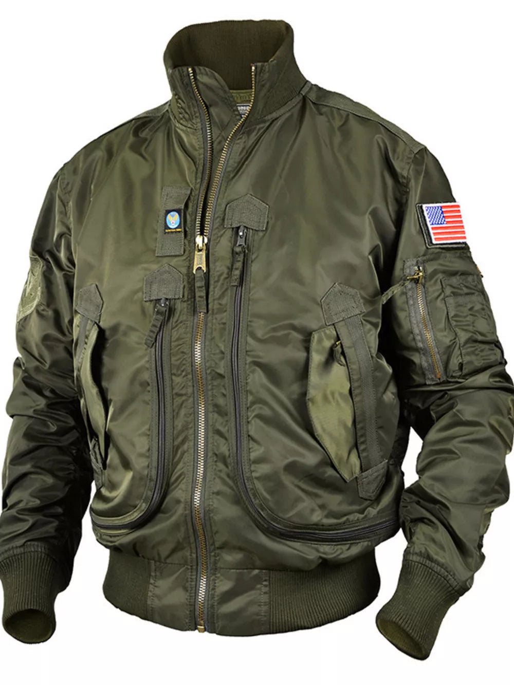 Men's army green bomber jacket with multiple pockets and US flag patch.