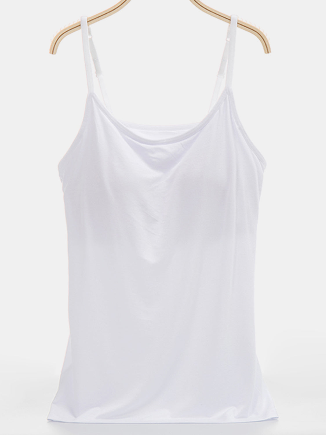 White soft-cup cami with adjustable straps and a scoop neckline.