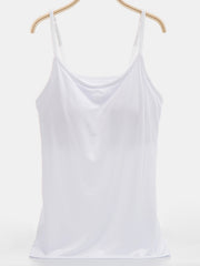 White soft-cup cami with adjustable straps and a scoop neckline.