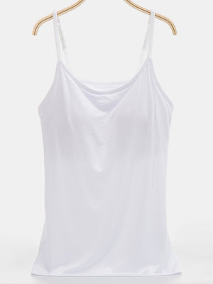 White soft-cup cami with adjustable straps and a scoop neckline.