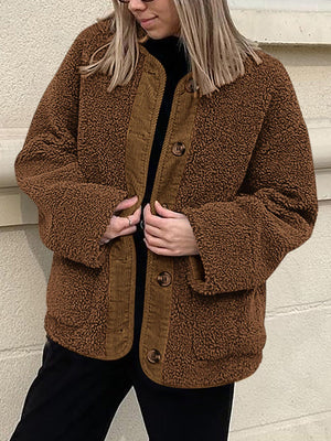 Brown teddy-texture button-up jacket with corduroy trim and button closure.