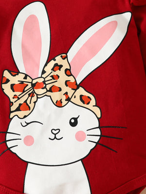 Red baby bodysuit with bunny graphic and leopard print bow detail