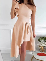 Apricot asymmetrical ruffle dress with one shoulder and high-low hem