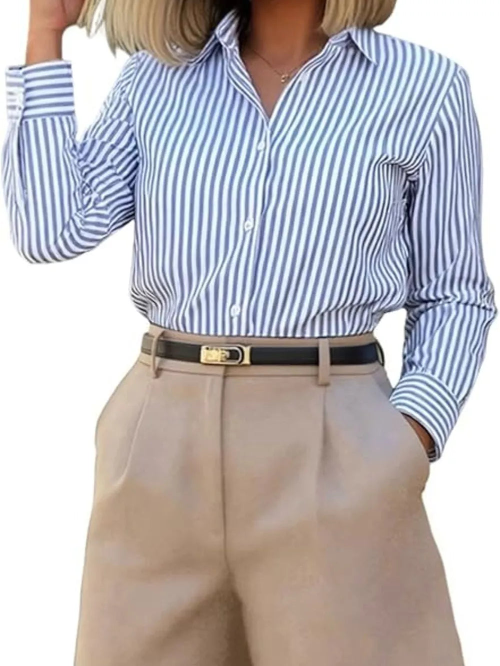 Khaki high-waisted shorts with pleats and a black belt.