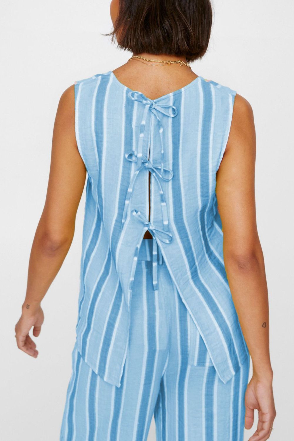 Light blue striped linen co-ord set with bow-tie back detail